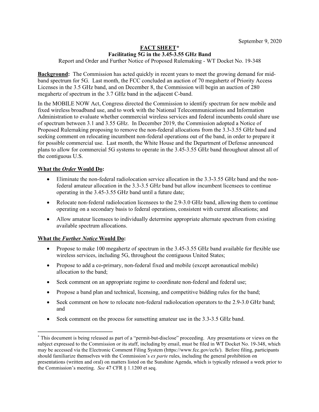 Facilitating 5G in the 3.45-3.55 Ghz Band Report and Order and Further Notice of Proposed Rulemaking - WT Docket No