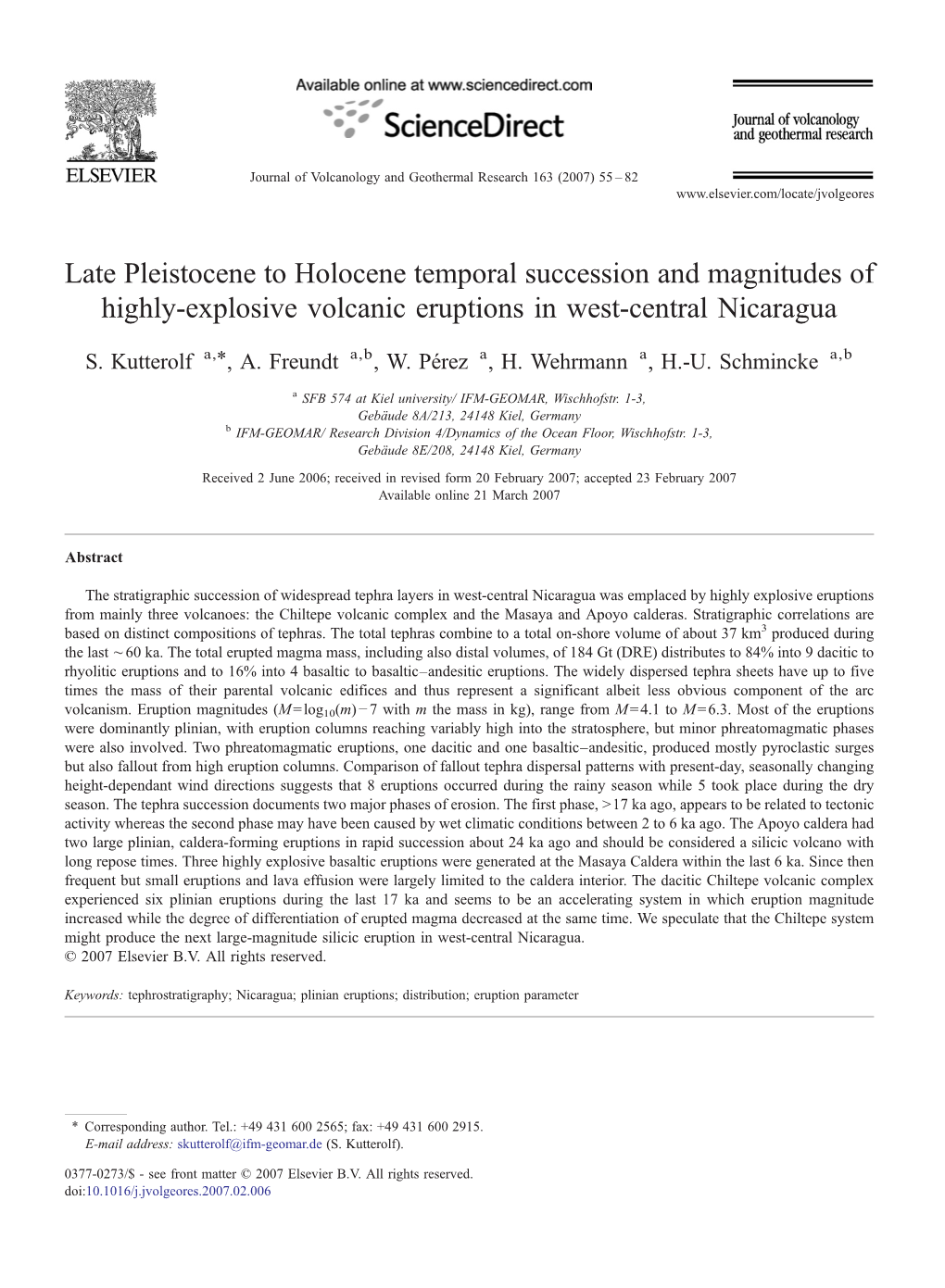 Late Pleistocene to Holocene Temporal Succession and Magnitudes of Highly-Explosive Volcanic Eruptions in West-Central Nicaragua ⁎ S
