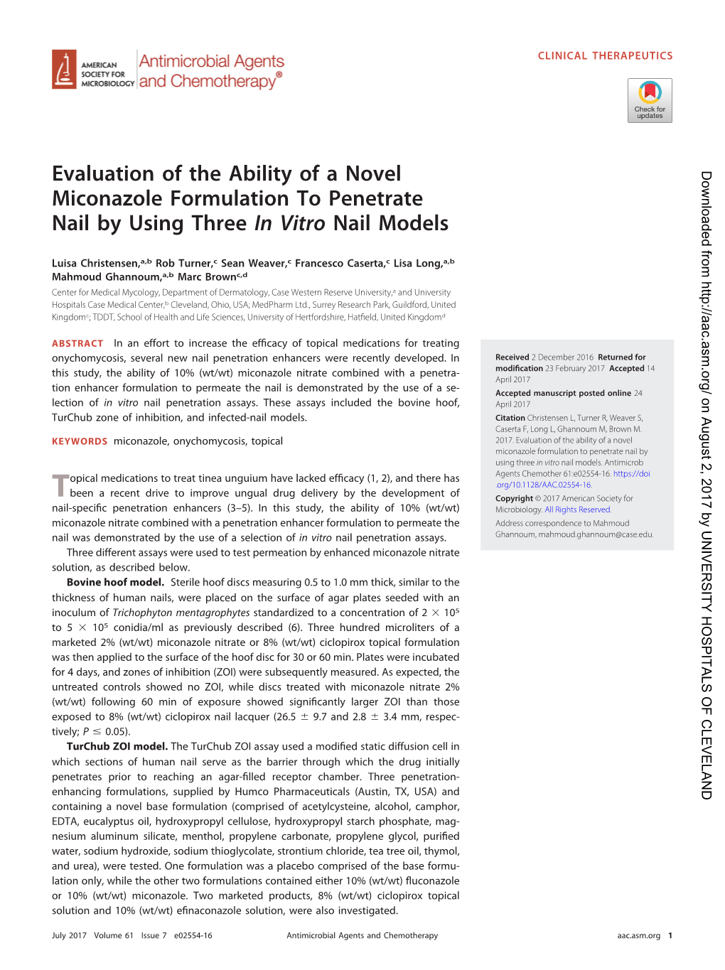 Evaluation of the Ability of a Novel Miconazole Formulation to Penetrate Nail by Using Three in Vitro Nail Models