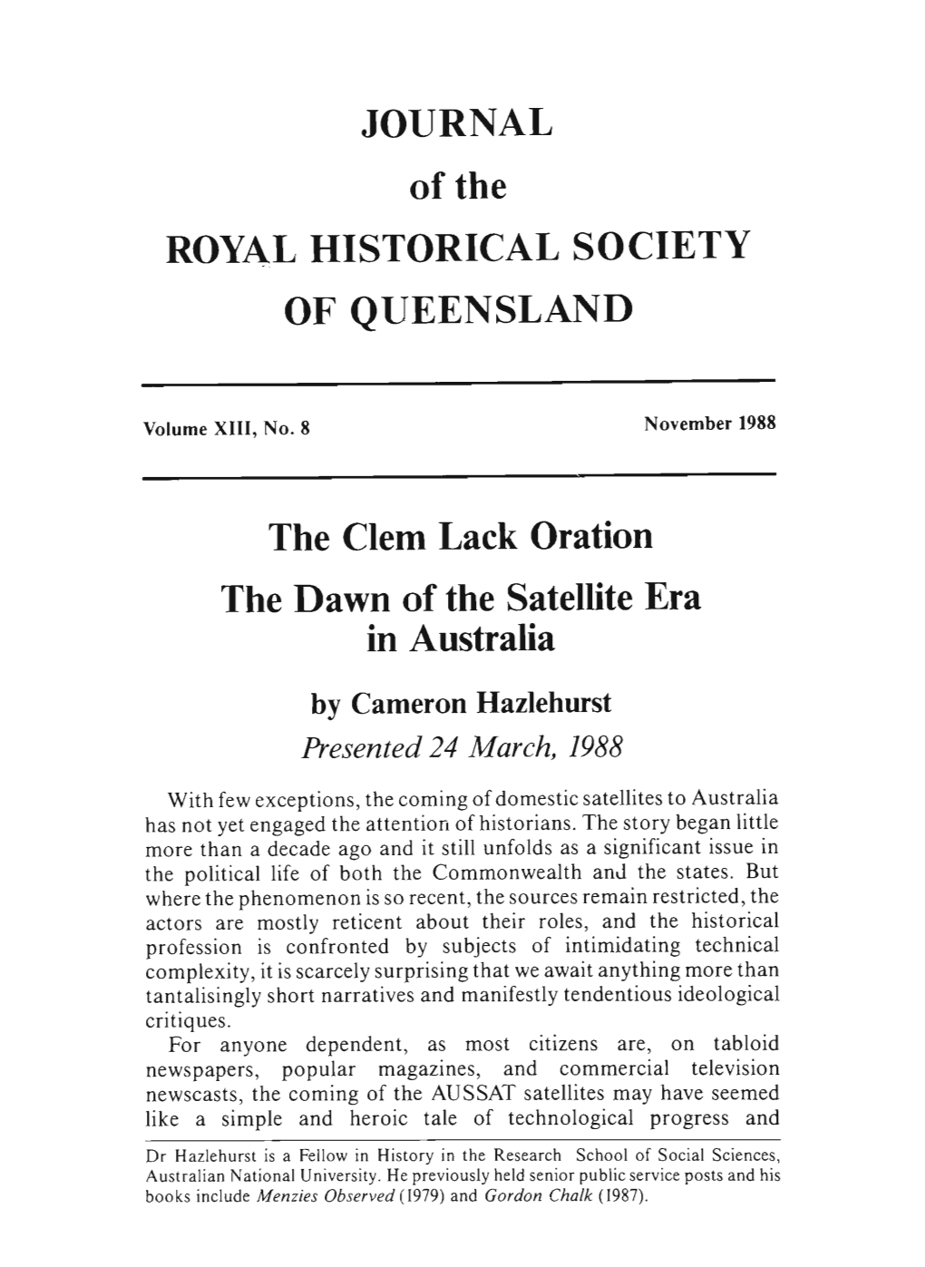 JOURNAL of the ROYAL HISTORICAL SOCIETY of QUEENSLAND The