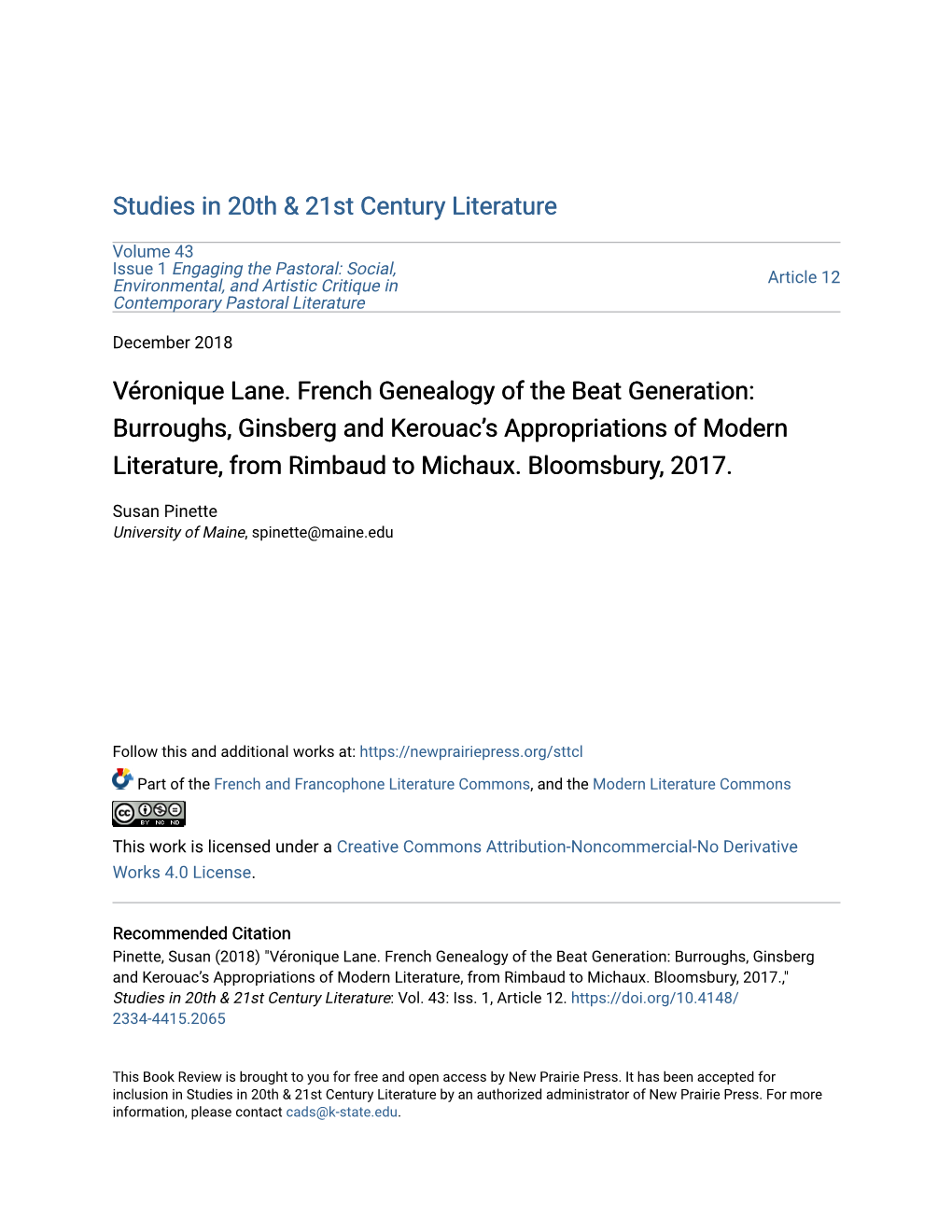 Véronique Lane. French Genealogy of the Beat Generation: Burroughs, Ginsberg and Kerouac’S Appropriations of Modern Literature, from Rimbaud to Michaux