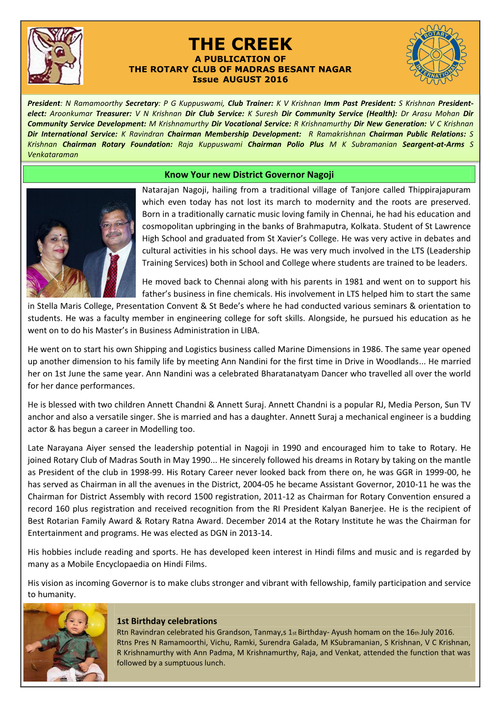 THE CREEK a PUBLICATION of the ROTARY CLUB of MADRAS BESANT NAGAR Issue AUGUST 2016