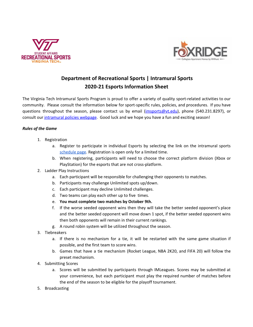 Intramural Sports 2020-21 Esports Information Sheet
