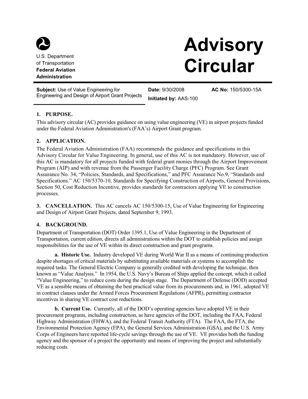 AC 150/5300-15A, Use of Value Engineering for Engineering and Design of Airport Grant Projects