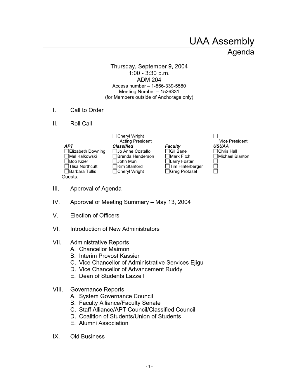 UAA Assembly Agenda