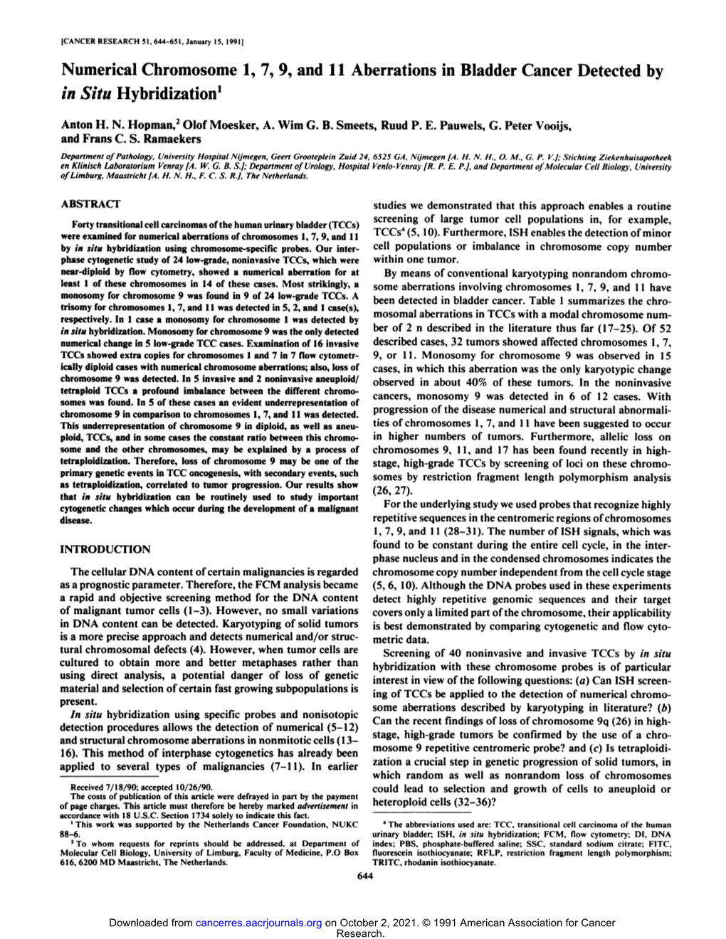 Numerical Chromosome 1, 7, 9, and 11 Aberrations in Bladder Cancer Detected by in Situ Hybridization1