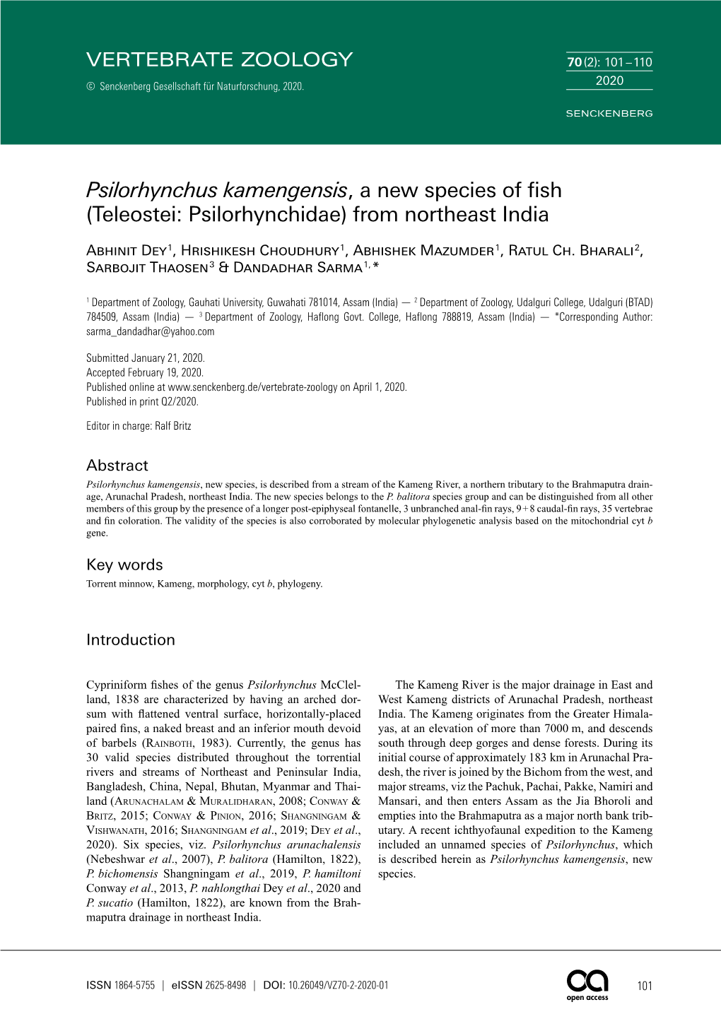 Psilorhynchus Kamengensis, a New Species of Fish (Teleostei: Psilorhynchidae) from Northeast India