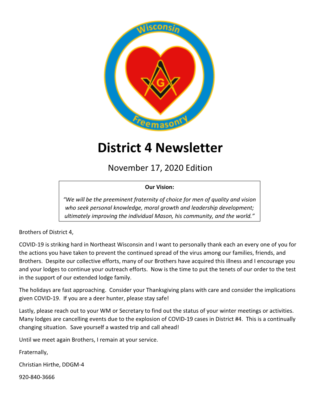 District 4 Newsletter November 17, 2020 Edition