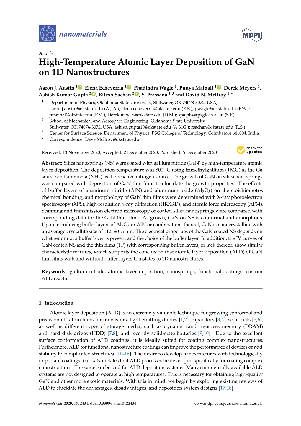 High-Temperature Atomic Layer Deposition of Gan on 1D Nanostructures