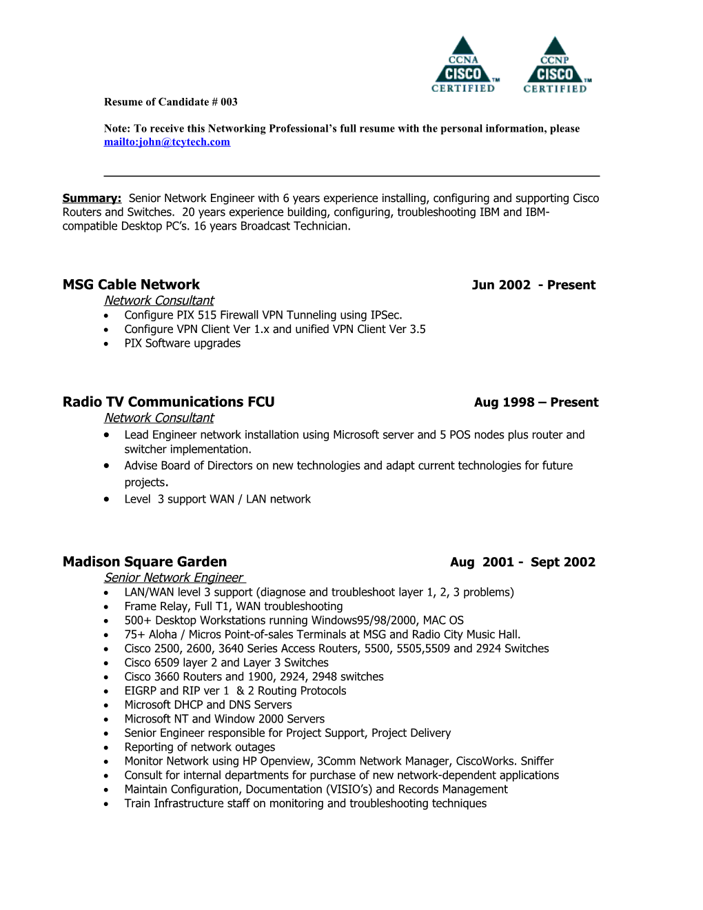 Resume of Candidate # 003