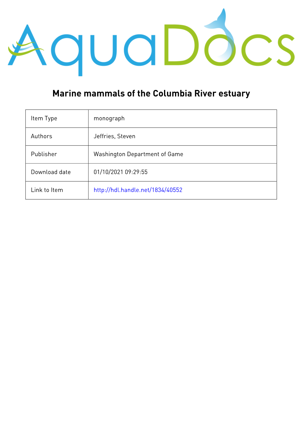 Marine Mammals of the Columbia River Estuary