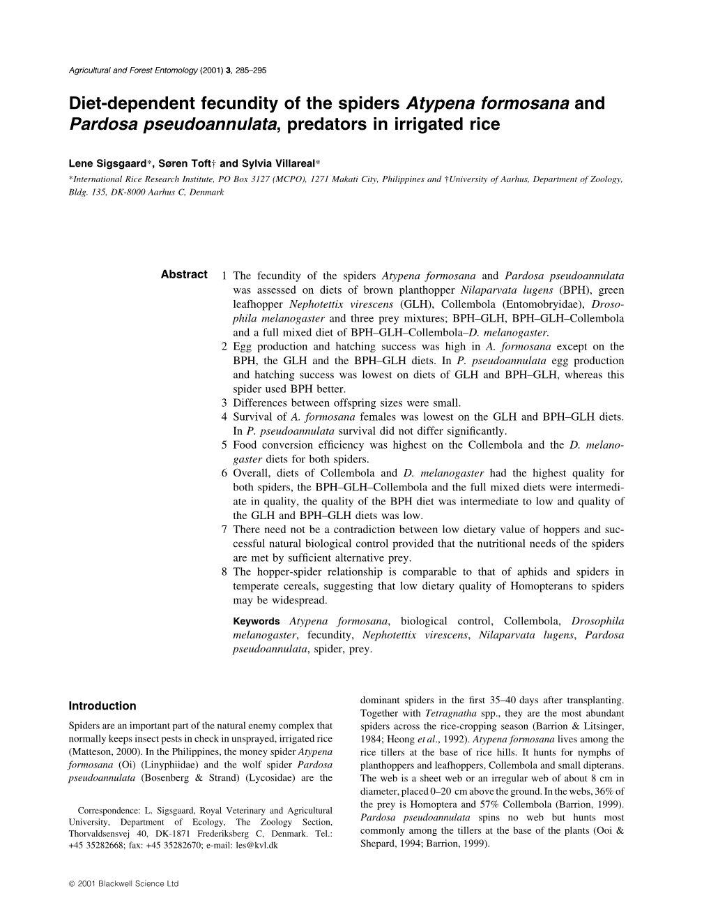 Diet-Dependent Fecundity of the Spiders Atypena Formosana and Pardosa Pseudoannulata, Predators in Irrigated Rice