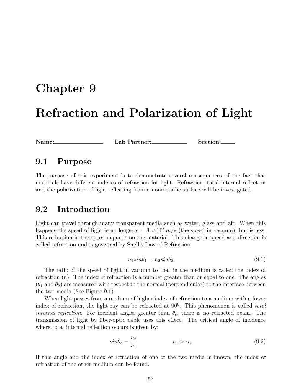 Chapter 9 Refraction and Polarization of Light