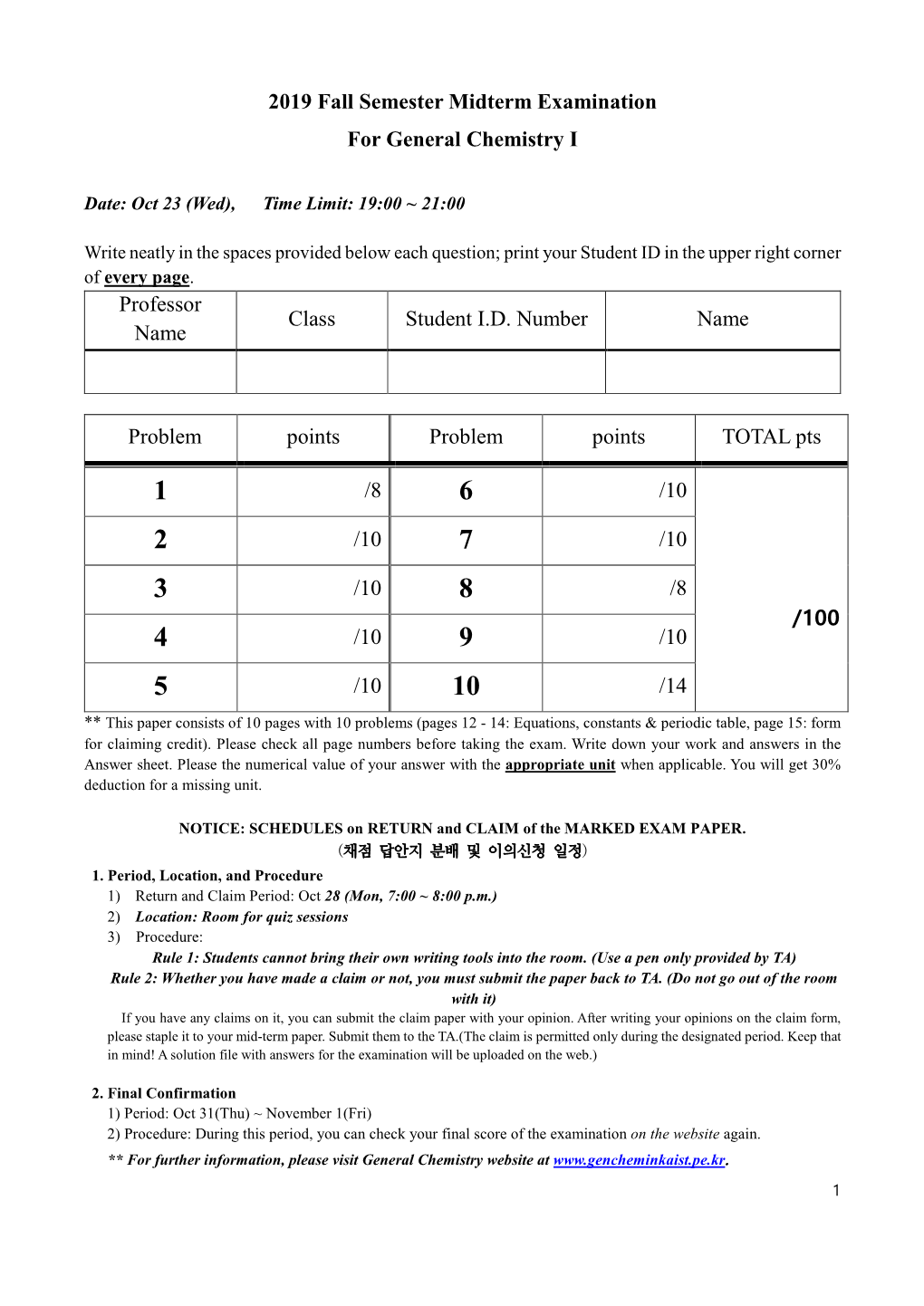 Professor Name Class Student ID Number Name Problem Points