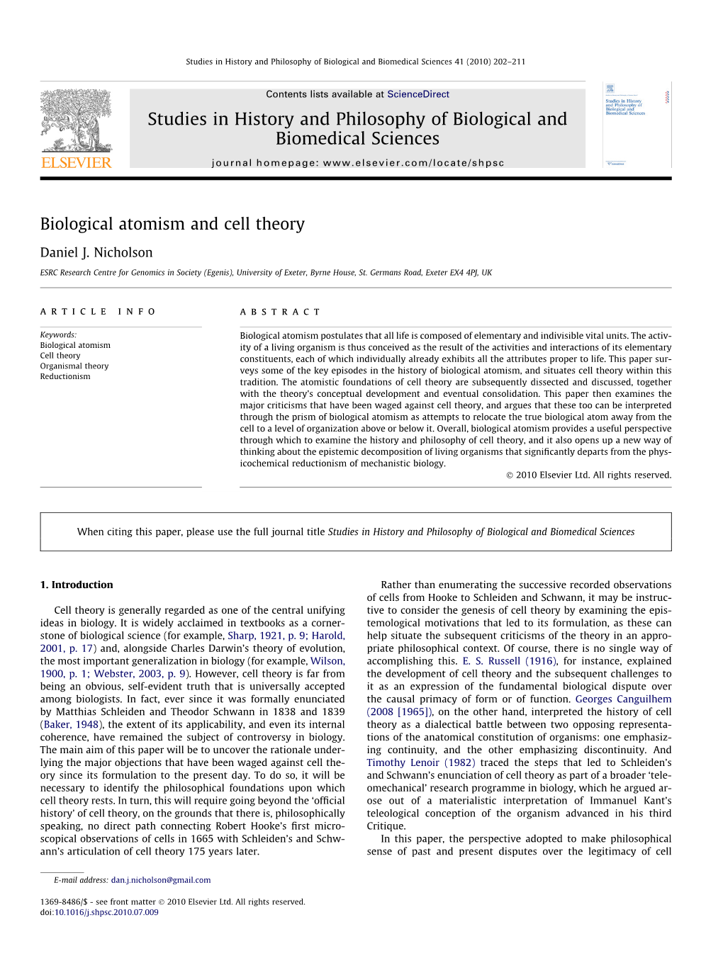 Biological Atomism and Cell Theory