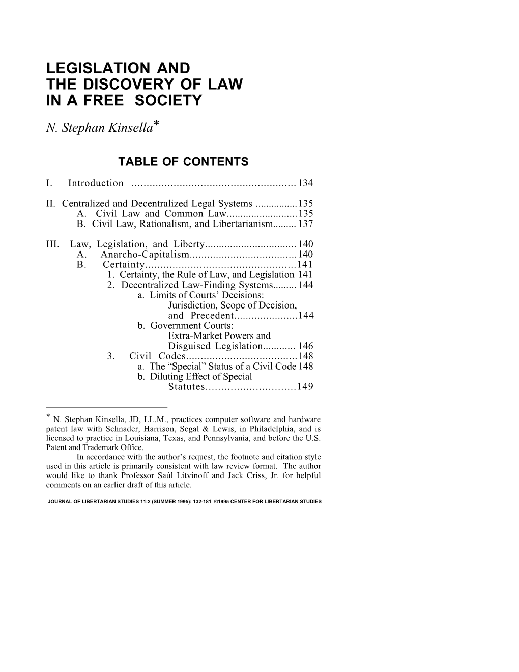 Legislation and the Discovery of Law in a Free Society N