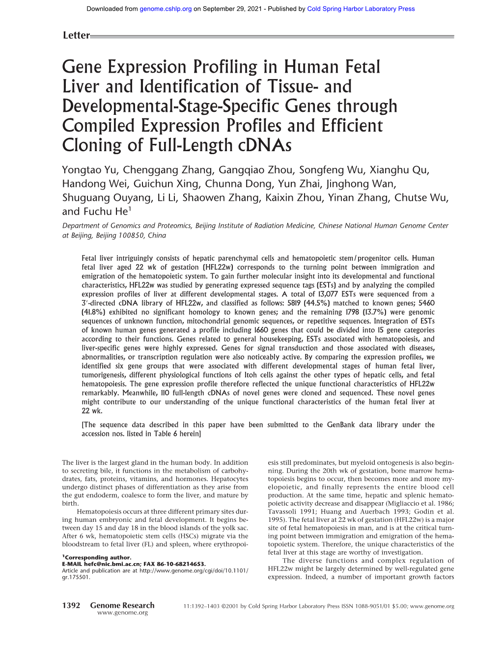 Gene Expression Profiling in Human Fetal Liver and Identification of Tissue