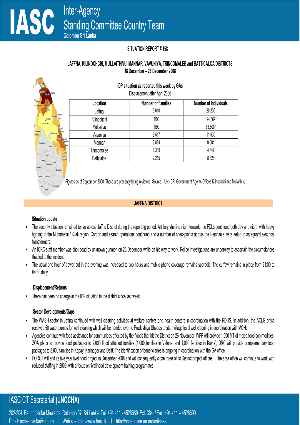 IASC Sri Lanka North East Humanitarian Sitrep