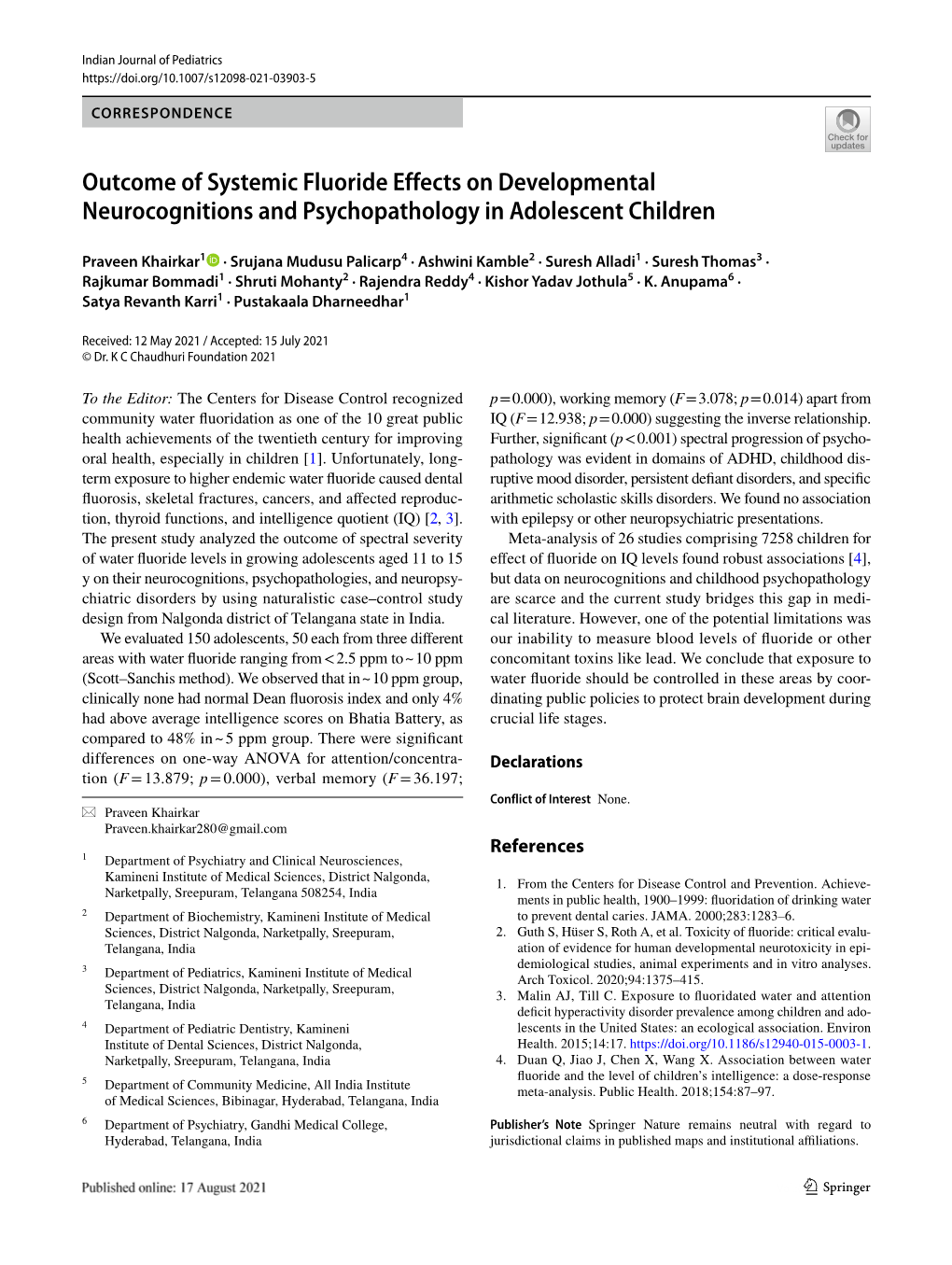 Outcome of Systemic Fluoride Effects on Developmental Neurocognitions and Psychopathology in Adolescent Children