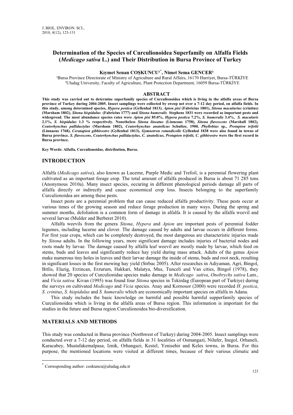 Determination of the Species of Curculionoidea Superfamily on Alfalfa Fields (Medicago Sativa L.) and Their Distribution in Bursa Province of Turkey