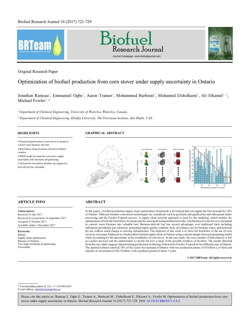 Optimization of Biofuel Production from Corn Stover Under Supply Uncertainty in Ontario