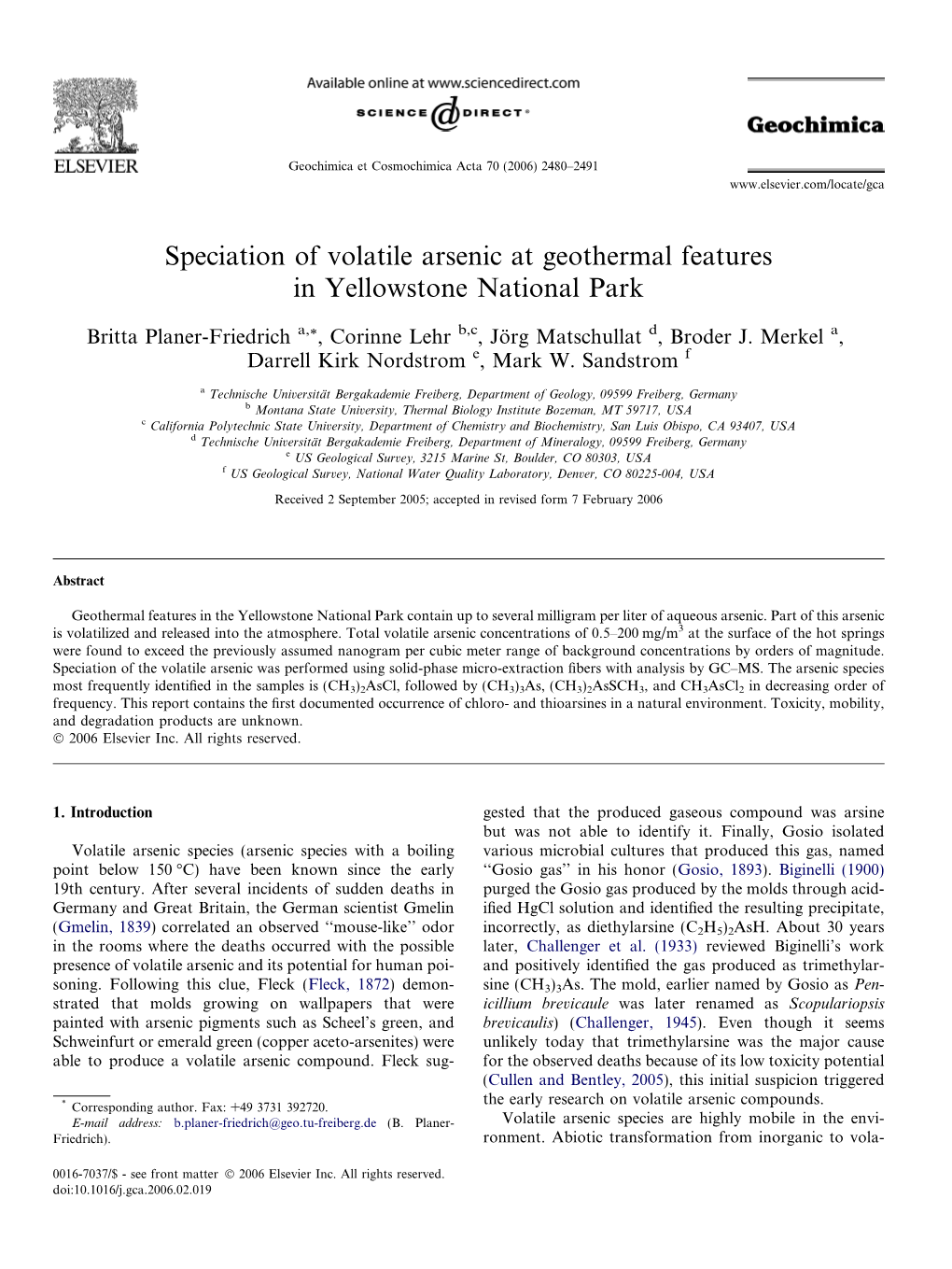 Speciation of Volatile Arsenic at Geothermal Features in Yellowstone National Park