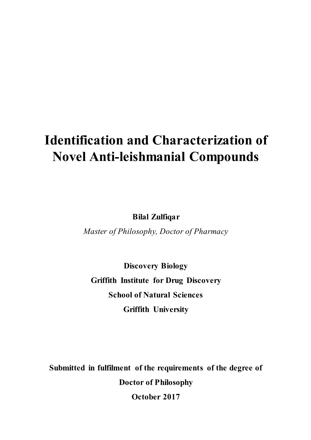 Identification and Characterization of Novel Anti-Leishmanial Compounds