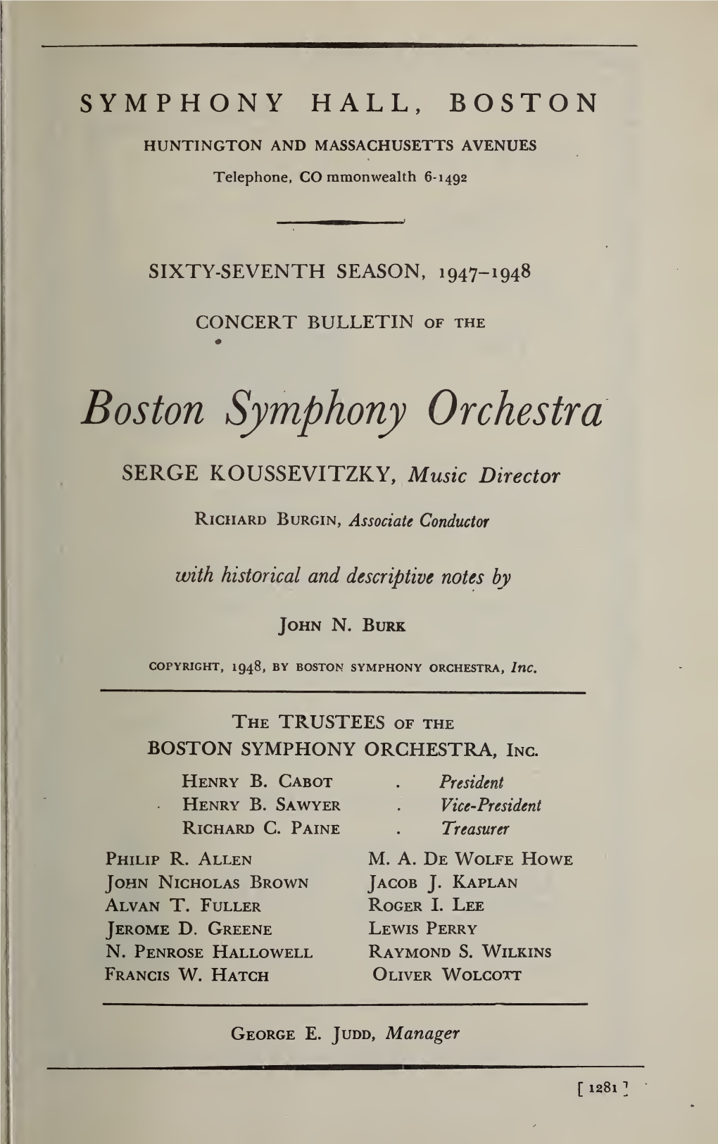 Boston Symphony Orchestra Concert Programs, Season 67, 1947-1948, Subscription