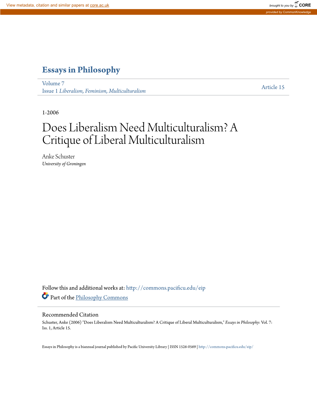 A Critique of Liberal Multiculturalism Anke Schuster University of Groningen