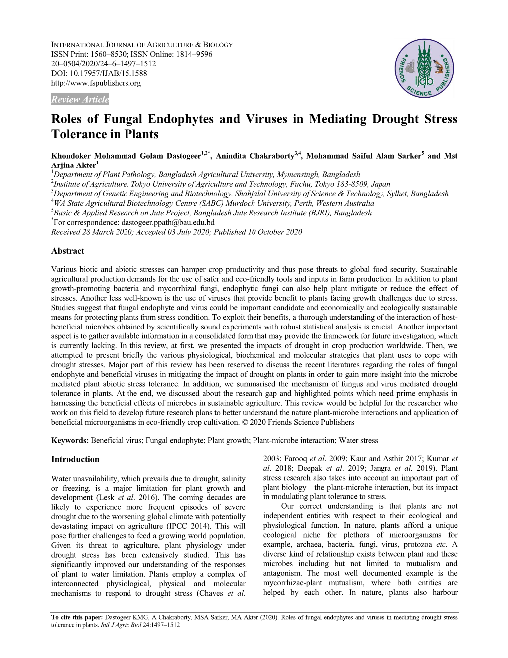 Roles of Fungal Endophytes and Viruses in Mediating Drought Stress Tolerance in Plants