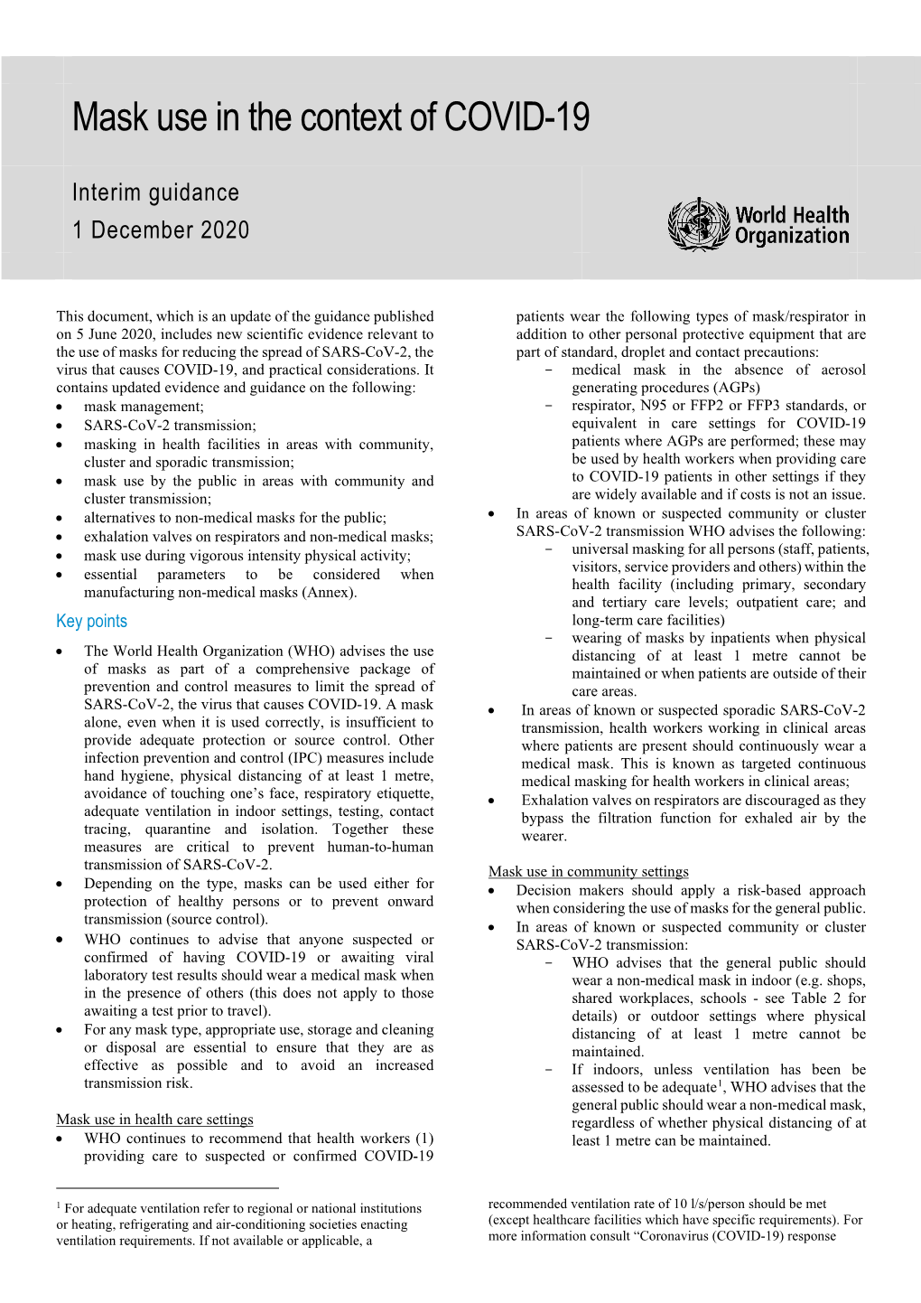 Mask Use in the Context of COVID-19 Interim Guidance 1 December 2020