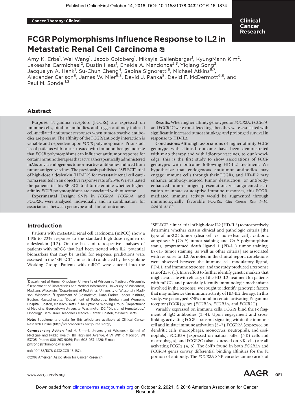 FCGR Polymorphisms Influence Response to IL2 in Metastatic Renal Cell Carcinoma