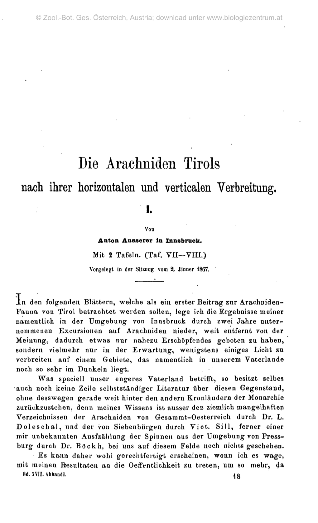 Die Àrachniden Tirols Nach Ihrer Horizontalen Und Verticalen Verbreitung