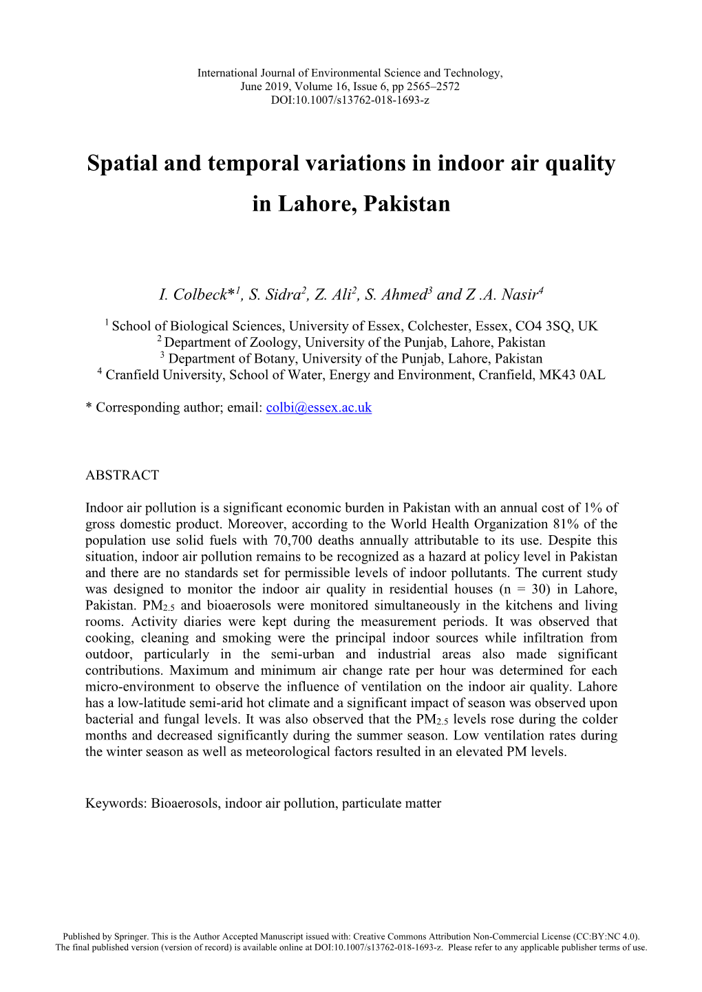 Spatial and Temporal Variations in Indoor Air Quality in Lahore, Pakistan