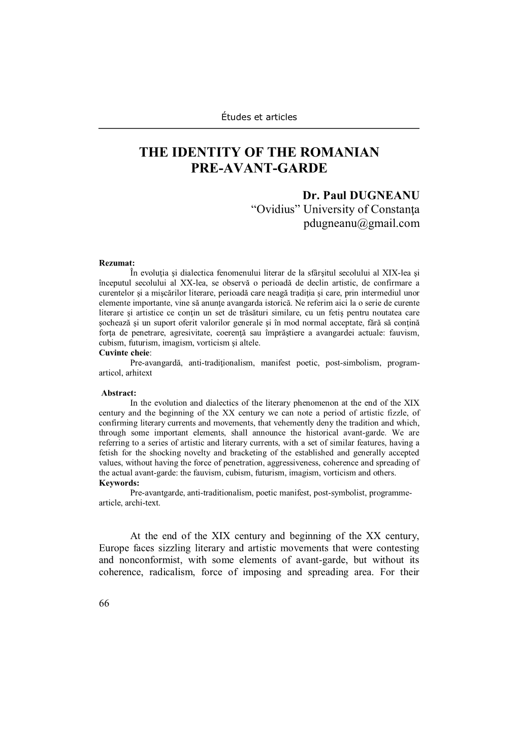 The Identity of the Romanian Pre-Avant-Garde