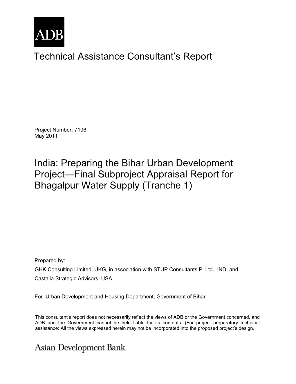 TACR: India: Bhagalpur Water Supply, Bihar Urban Development