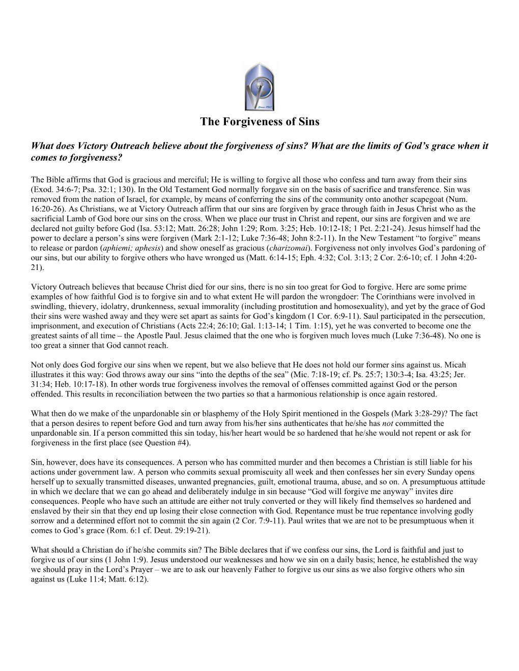 What Does Victory Outreach Believe About the Forgiveness of Sins? What Are the Limits of God’S Grace When It Comes to Forgiveness?