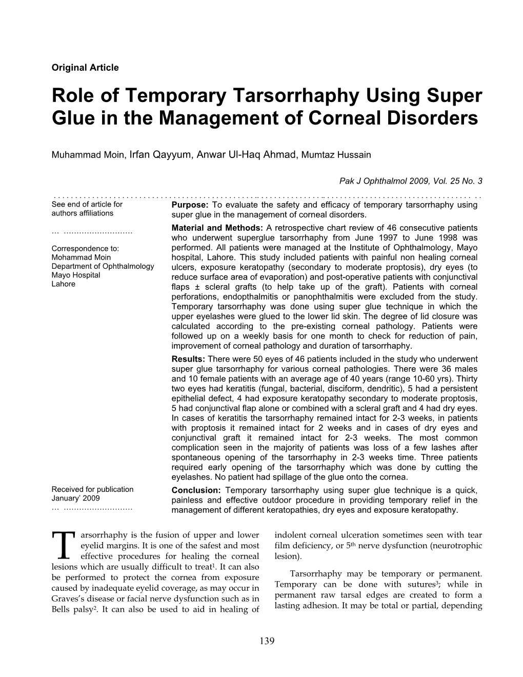 Role of Temporary Tarsorrhaphy Using Super Glue in the Management of Corneal Disorders