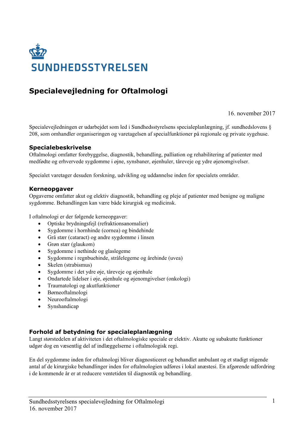 Specialevejledning for Oftalmologi