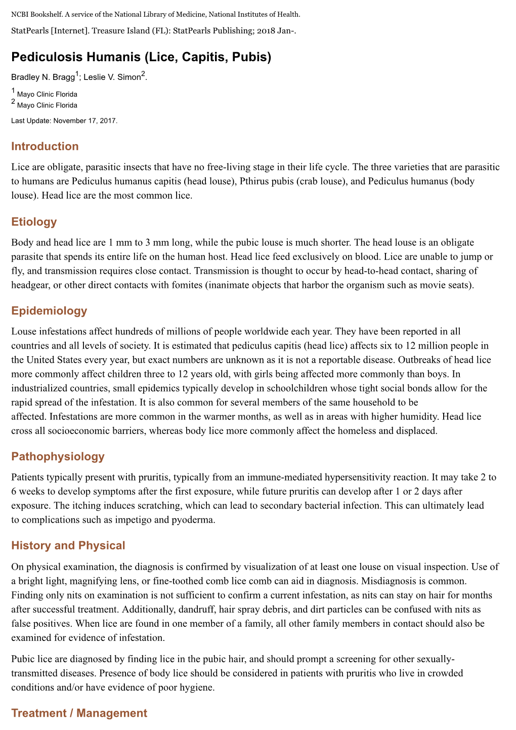 Pediculosis Humanis (Lice, Capitis, Pubis)