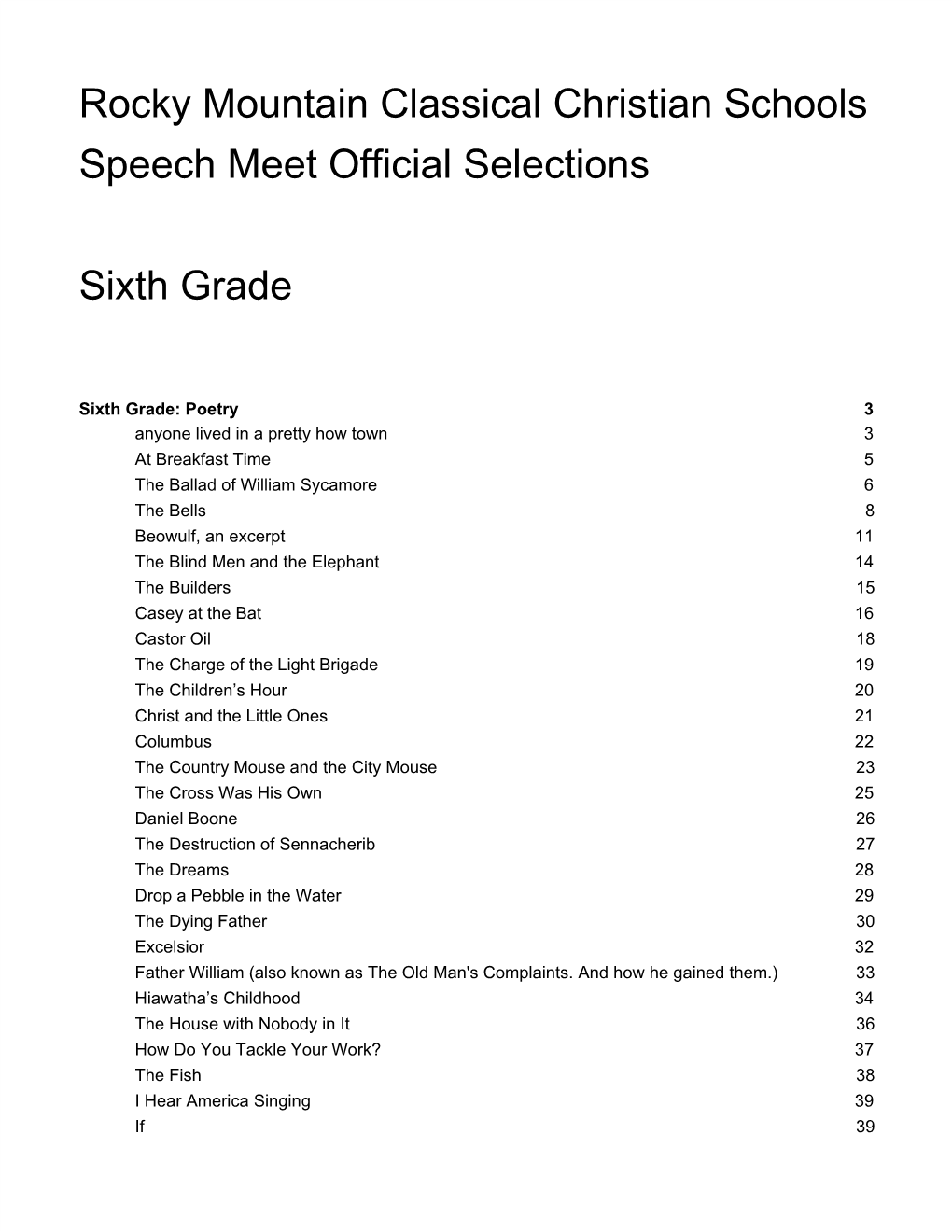 Rocky Mountain Classical Christian Schools Speech Meet Official Selections