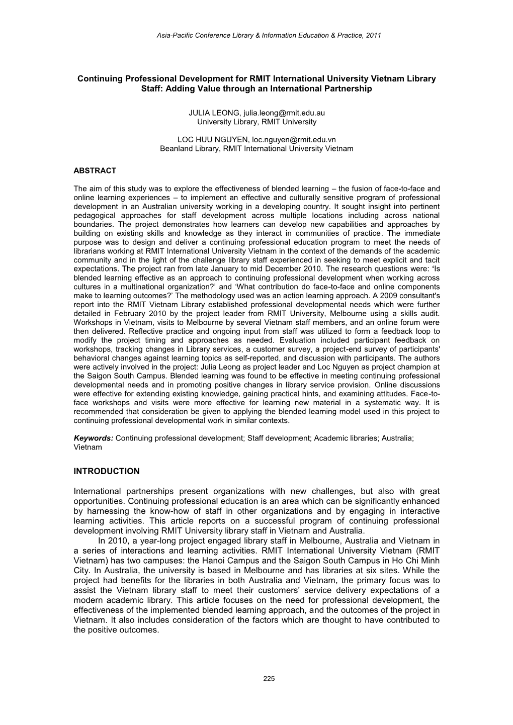 Continuing Professional Development for RMIT International University Vietnam Library Staff: Adding Value Through an International Partnership