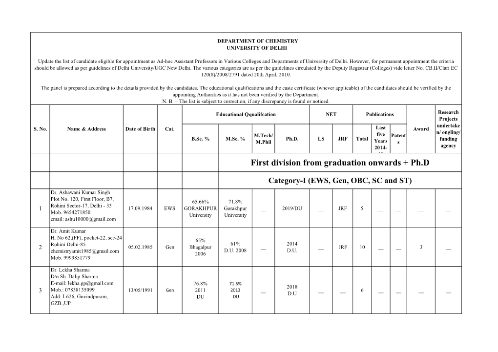 First Division from Graduation Onwards + Ph.D