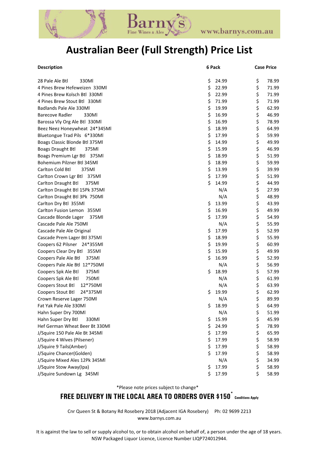 Australian Beer (Full Strength) Price List