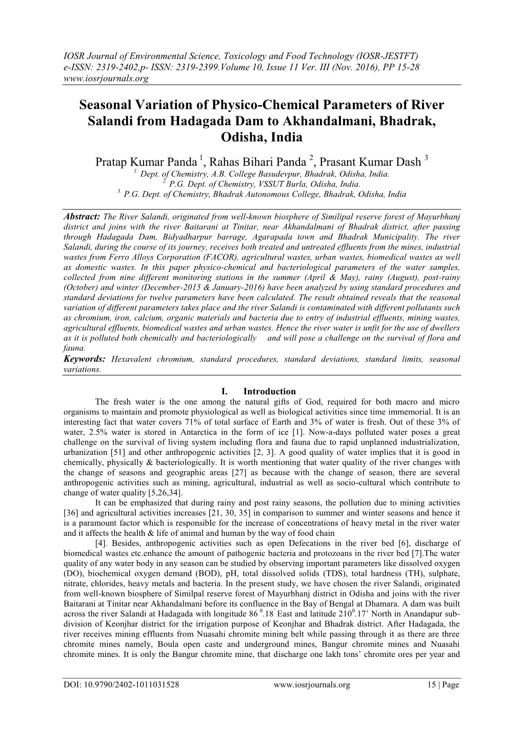 Seasonal Variation of Physico-Chemical Parameters of River Salandi from Hadagada Dam to Akhandalmani, Bhadrak, Odisha, India