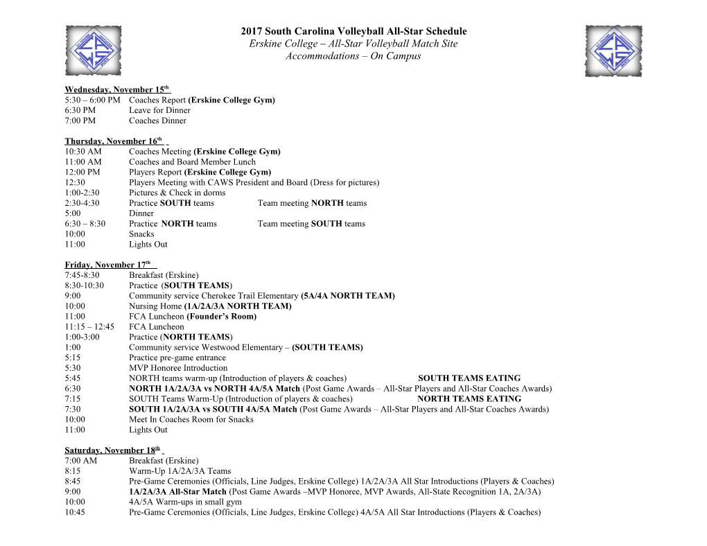 2004 South Carolina Volleyball All-Star Schedule