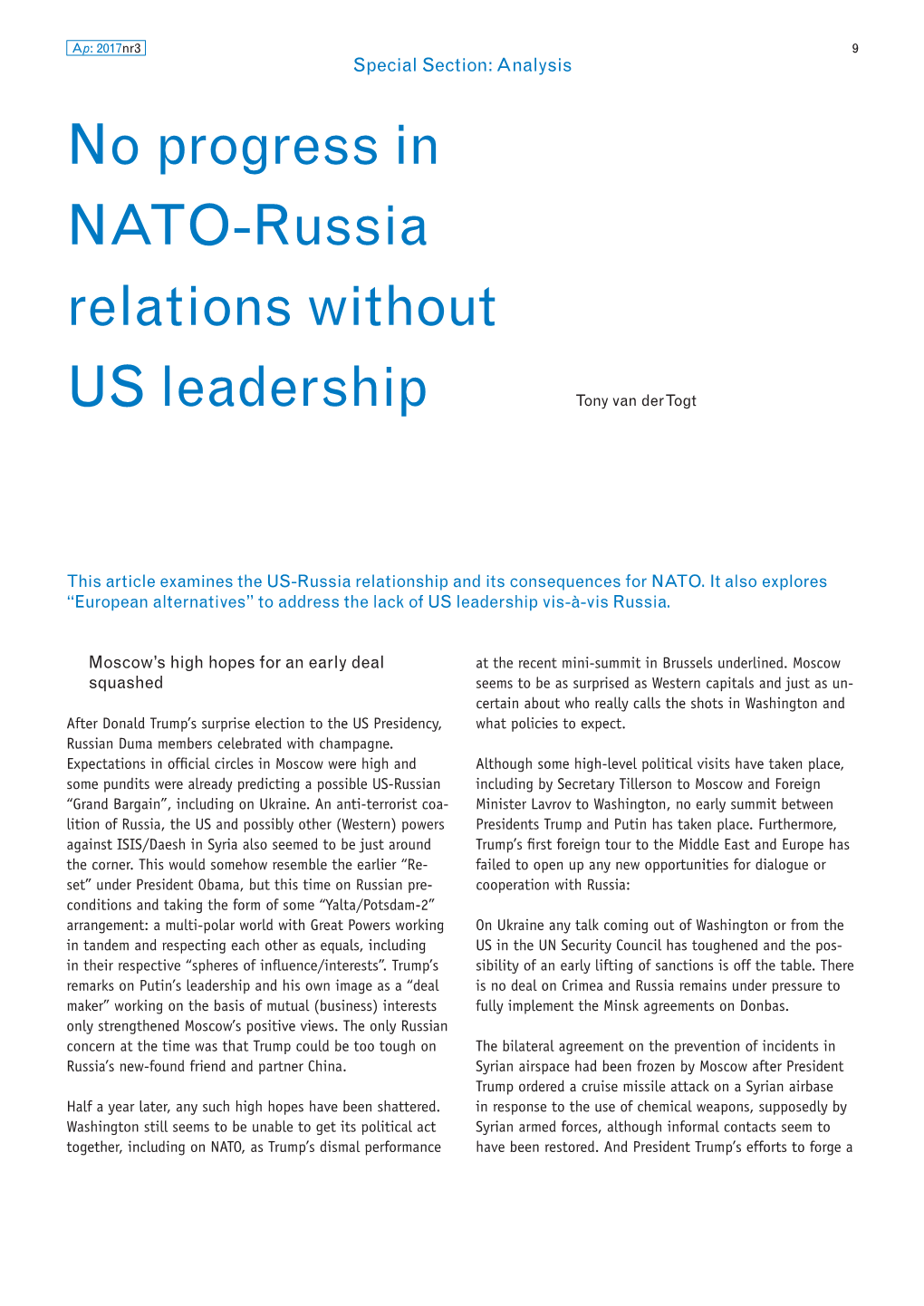 No Progress in NATO-Russia Relations Without US Leadership