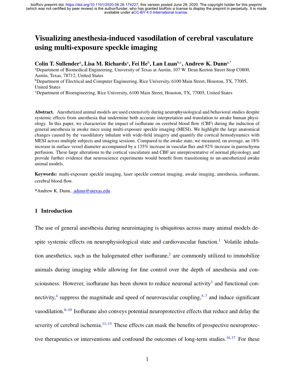 Visualizing Anesthesia-Induced Vasodilation of Cerebral Vasculature Using Multi-Exposure Speckle Imaging