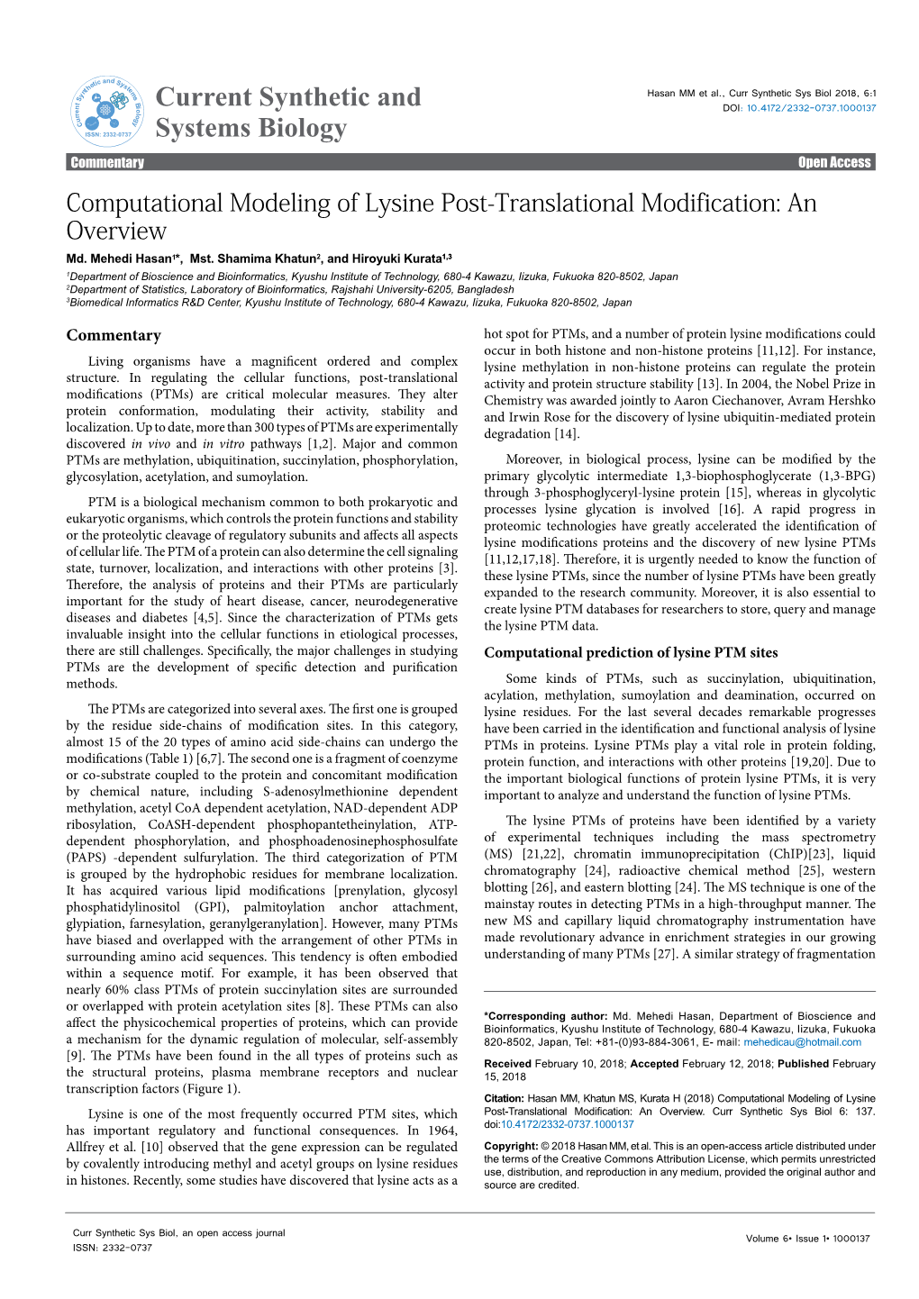 Computational Modeling of Lysine Post-Translational Modification: an Overview Md