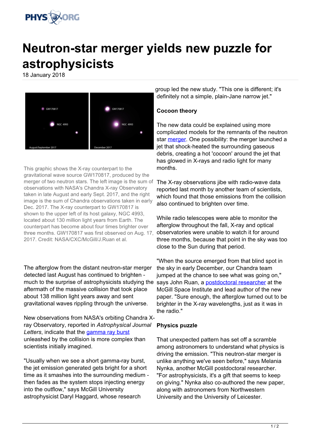 Neutron-Star Merger Yields New Puzzle for Astrophysicists 18 January 2018